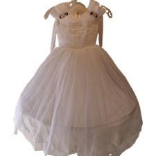 Vintage 70s Little Girls White Flower-Girl Dress Chiffon Over Tulle And Hoop
