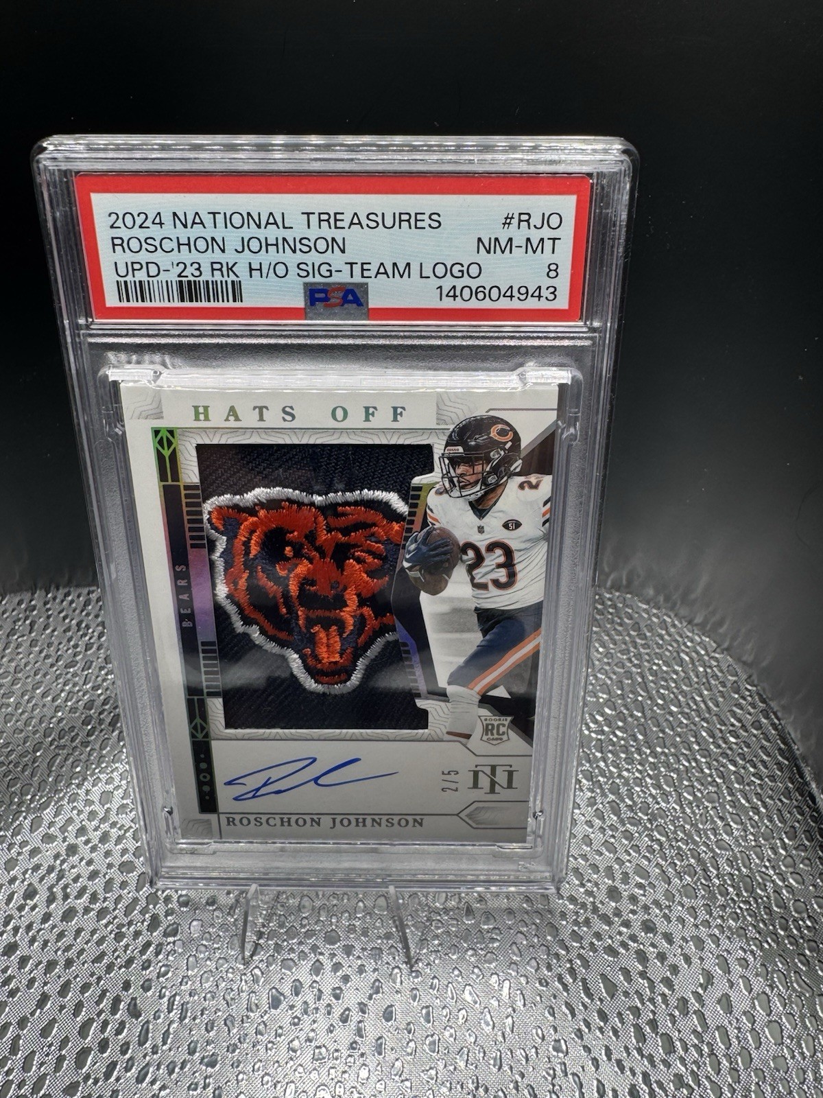 Panini National Treasures Roschon Johnson Hats Off Team Logo RC Auto /5 PSA 8
