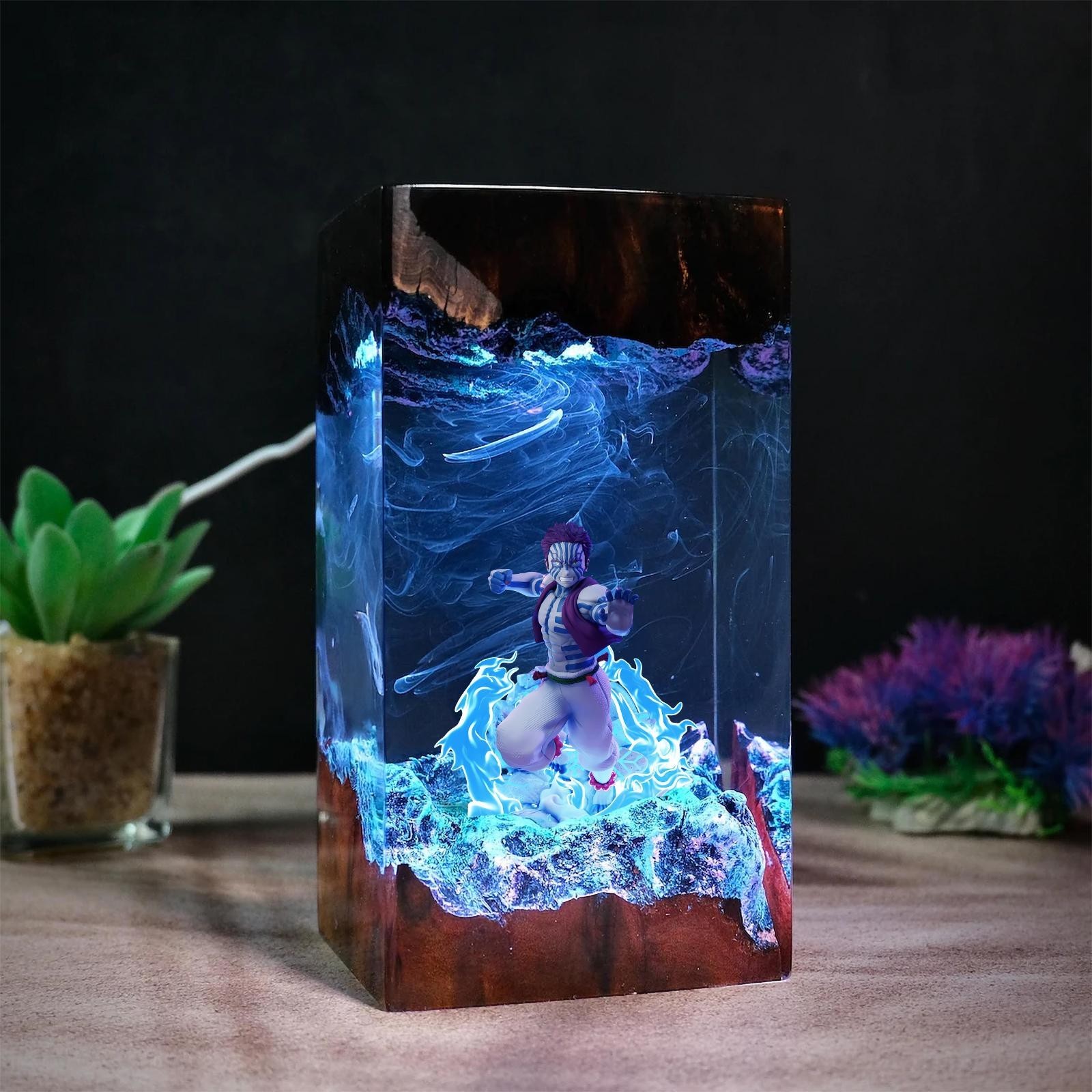 Lámpara de resina Akaza diorama, lámpara de resina Kimetsu no Yaiba, lámpara de resina epoxi