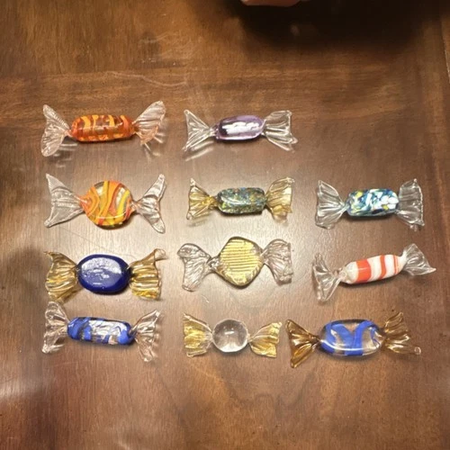 Murano Hand Blown Glass Candy Figurines Set of 11 Multicolor Glossy Finish