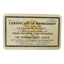 Vintage Membership Card The International Legion Souvenir Card Exchange c.1928