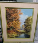 Vintage 22 X 25 Green Framed Original Autumn Landscape Oil Painting On Canvas