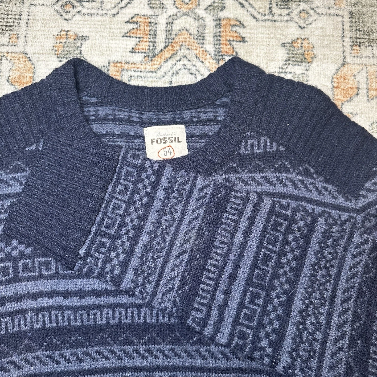 Fossil 54 Crewneck Sweater Fair Isle-Style Pattern 100% Wool Men’s Medium