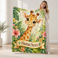 Personalized Floral Giraffe Coral Fleece Blanket Safari Animal Decor