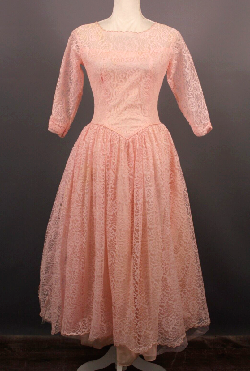 Vtg Women's 50s Pink Lace Formal Dress 1950s Ball Gown Sz XS/S Prom Party