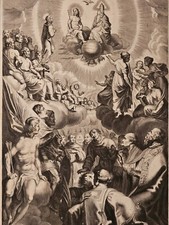 XVIIIe Gravure Présentation Saints Trinité Vierge Jésus Eglise DREVET 27x41cm