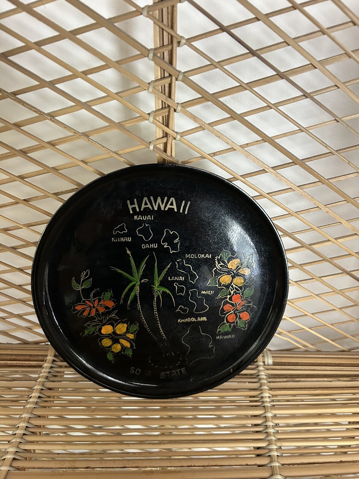Vintage HAWAII State 7.5” Black Plastic Hand Painted Souvenir Plate
