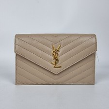 SAINT LAURENT Cassandre Envelope Dark Beige Grained Leather Chain Wallet New
