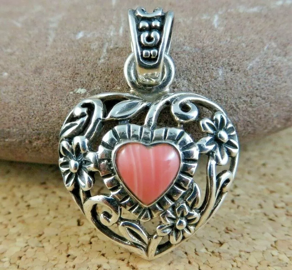 Pink Rhodonite Sterling Silver Flowers Vine Filigree Heart