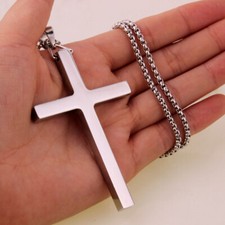 New Gift Unisex's Men's Silver Stainless Steel Big Cross Pendant Chain Necklace