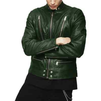 Green Fashionable Biker Soft Leather Handmade Men's Jacket Genuine Lambskin Fit