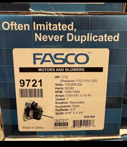 FASCO 9721 1/12-1/20 115/230 VOLT 1550 RPM REFRIGERATION EVAPORATOR ...