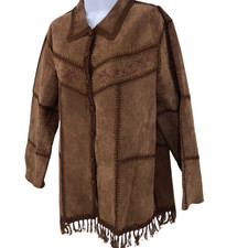 Patchwork Leather Blend Womens Jacket Brown Western Fringe Boho Size Xl