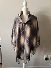 Shaw Wrap Cape Winter Woven Poncho with Toggle Closure & Tassels One Size Plaid