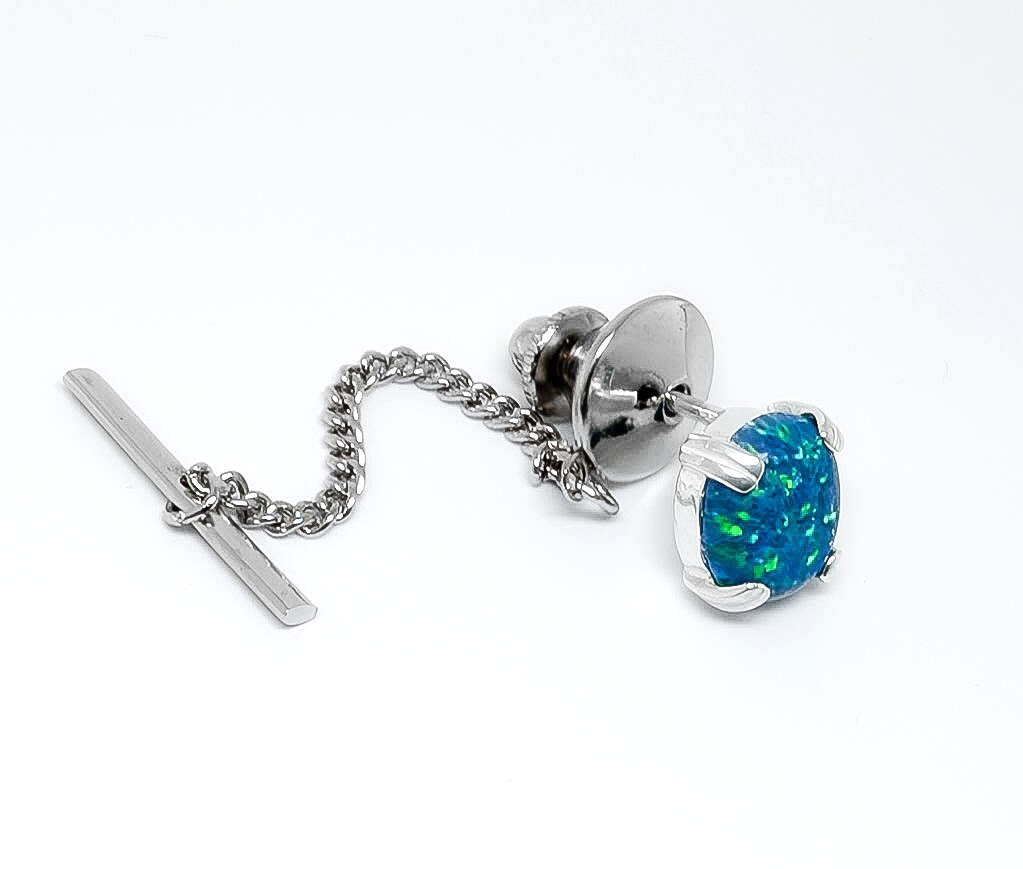 10 x mm Oval Created Blue Opal Sterling Silver Mens Tie Tack Pin