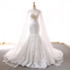 Lace Mermaid Wedding Dresses With Tulle Shawl Slim Elegant Bridal Gowns Train