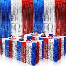 4 Pack 4th of July Decorations Red White and Blue Foil Fringe Backdrop Curtai...