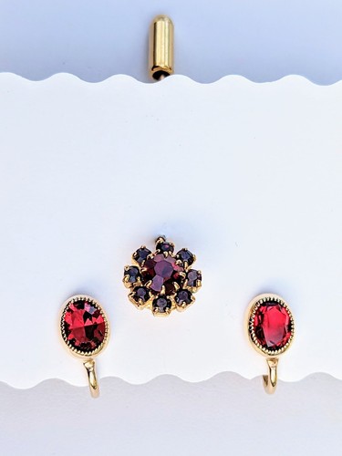 Spilla Stick Fiore Granato BOHÉMIEN vintage e Set Orecchini Riempiti Oro 12k TINY ROSSI - Foto 4 di 11