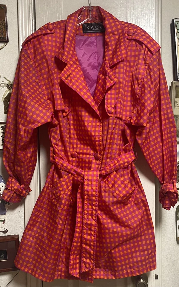 Cortavientos/abrigo impermeable vintage naranja/fucsia a cuadros L con cinturón-KAOS de Andy Johns Foto 4 de 4