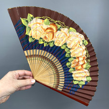 VTG Hand Painted Paper Folding Hand Fan 10" Roses Bamboo