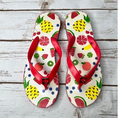 Kate Spade Flip Flops White Red Fruit Print Pineapple Watermelon Size 7M