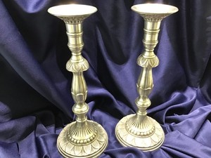 2 vintage PEWTER METAL 13”  tall ORNATE CANDLE HOLDERS