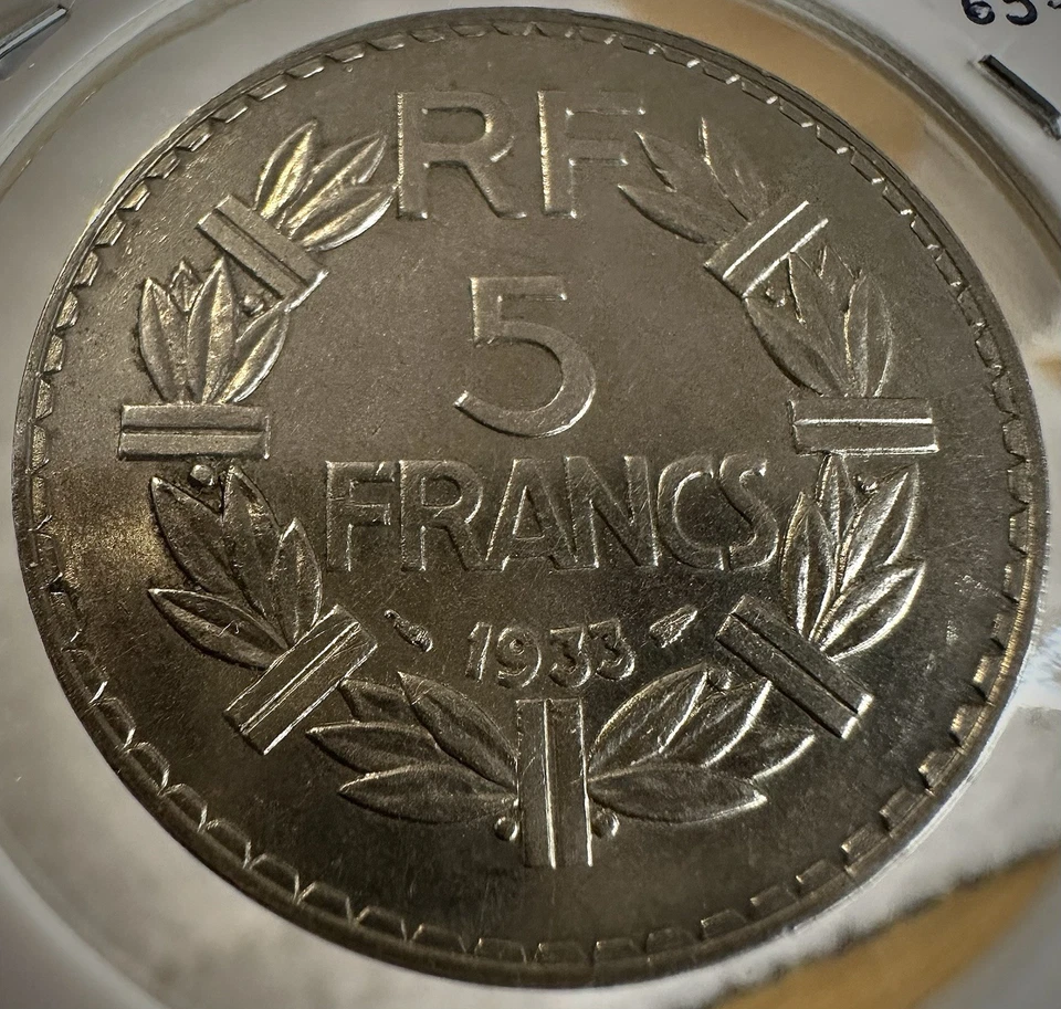 1933 French Republic, 5 Francs, Rare B.U., No Wear With Great Original Luster - Image 4 of 4