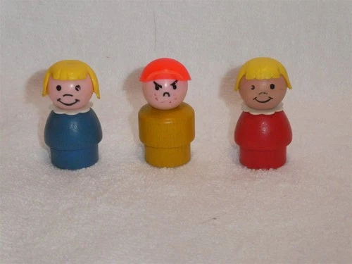Fisher Price Little People Vintage Wood Figure Lot: Yellow Boy, Red Blue Girls
