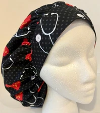 Heart Stethoscope Print Size Large Medical Bouffant Scrub Cap Surgery Hat
