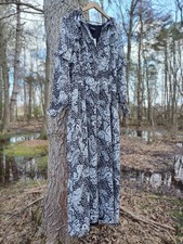 Black Paisley Long Maxi Dress Sheer Balloon Sleeves Lined Ruffles Elastic Waist