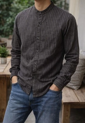 Pull&Bear Dark Grey Pinstripe Shirt Mandarin Collar Smart Casual Long Sleeve S - Image 1 of 4