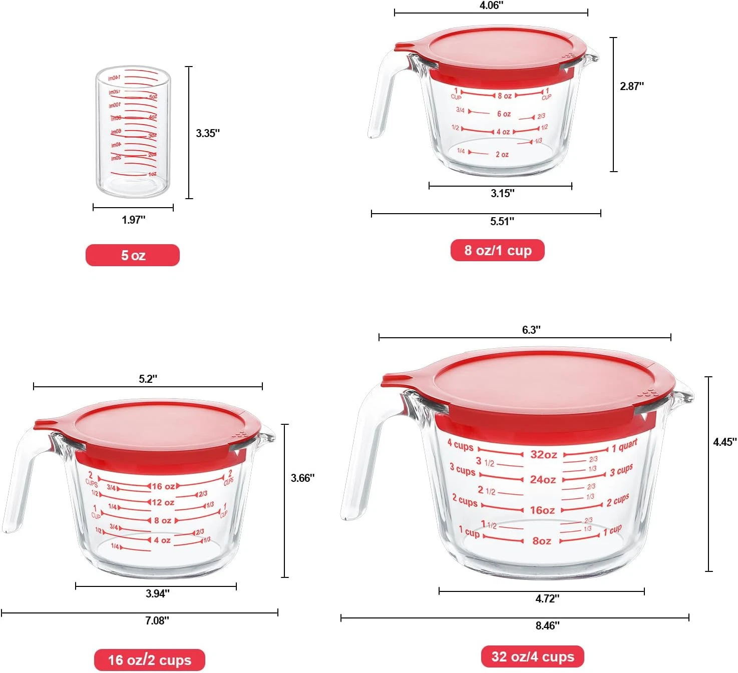 4 PC Glass Measuring Cups Set 5 Oz 1-Cup 2-Cup 4-Cup Liquid Measuring Cups Lids