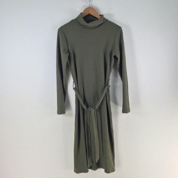 Cotton Club dress womens size L bodycon midi khaki green mock neck belt 124670