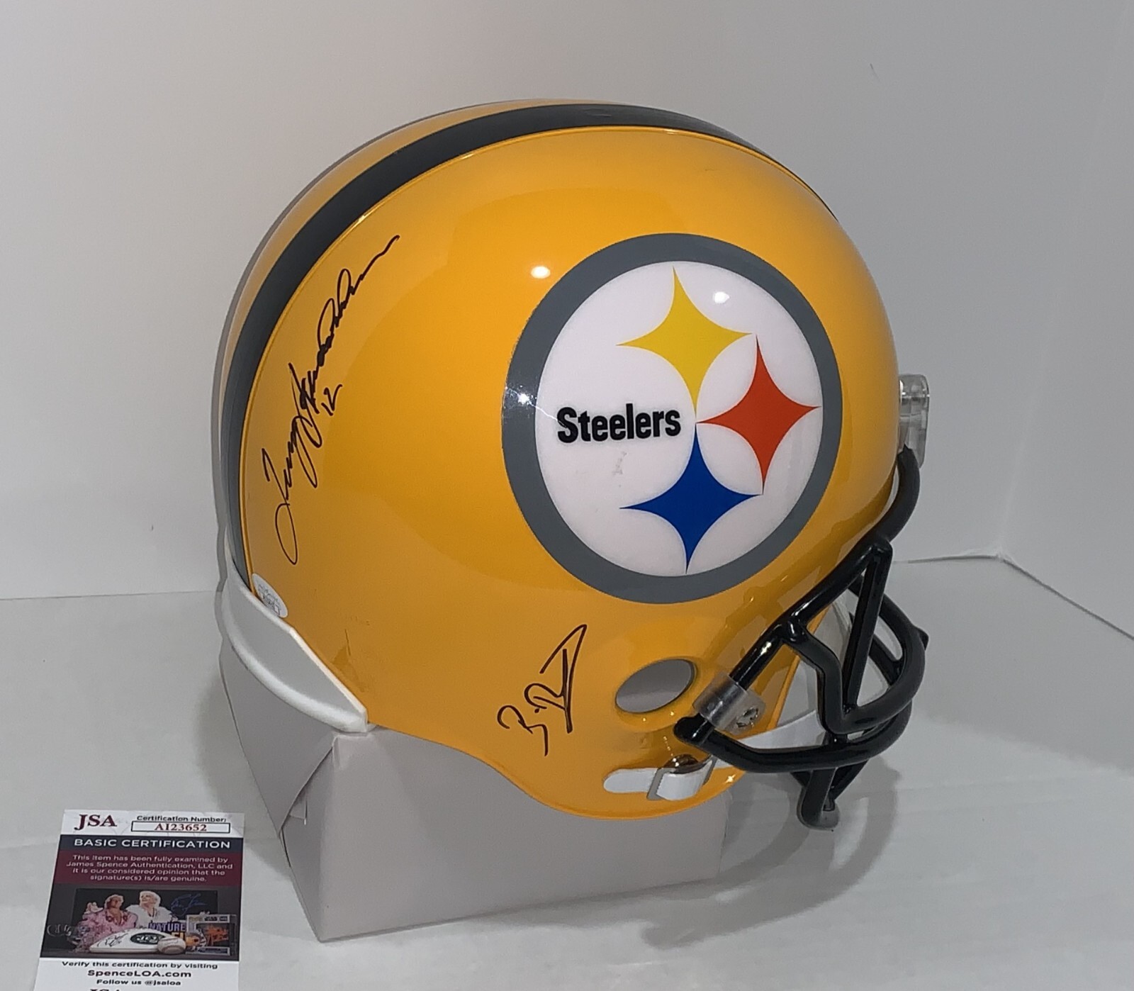 Terry Bradshaw Autographed Signed Pittsburgh Steelers BEN ROETHLISBERGER & F/S STEELERS REPLICA HELMET JSA COA 