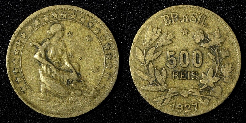 BRAZIL  Aluminum-Bronze 1927  500 Reis KM# 524 (27 645)