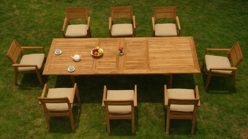 9 PC OUTDOOR DINING TEAK SET - 117" DOUBLE EXTN RECT TABLE,8 STACKING ARM CHAIRS - Picture 7 of 7