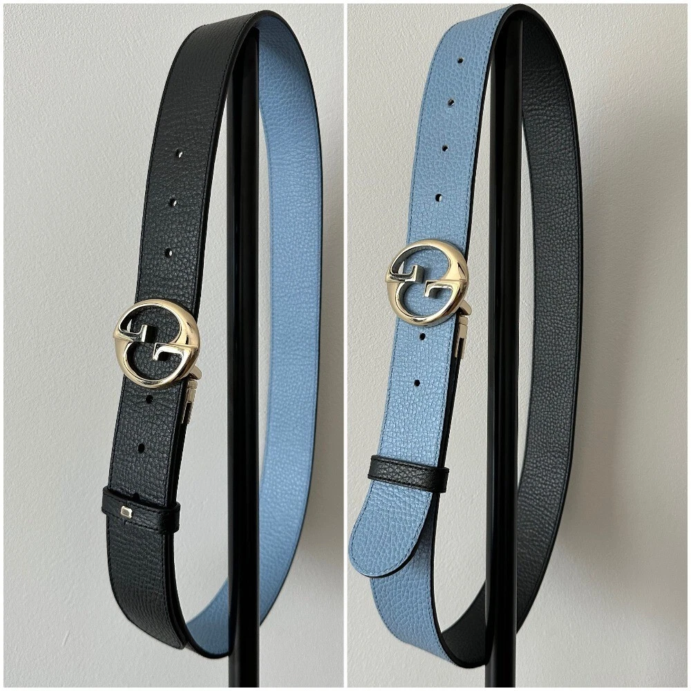Gucci GG Ceinture Double Face Réversible Cuir Bleu Noir Interlocking 450000