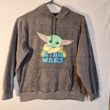 Star Wars Baby Yoda Mens Gray Mineral Washed Fleece Graphic Hoodie Size 2XL