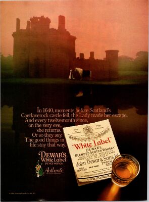 1984 VINTAGE 8X11 PRINT Ad FOR Dewars Scotch 1640 THE LADY, Caerlaverock Castle