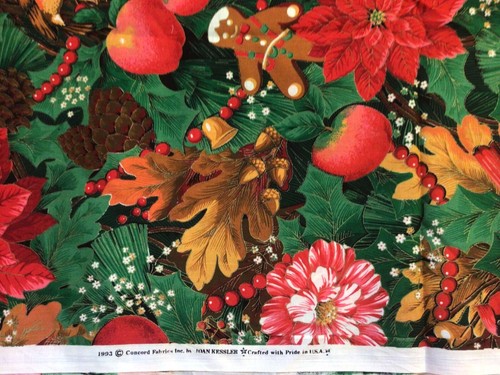 Joan Kessler Holiday Gingerbread Poinsettia Apple Cotton Fabric 1.25 Yards - Picture 2 of 2