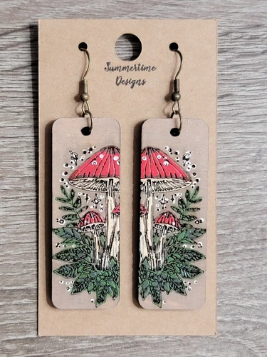 Hand Painted Laser Cut Wood Earrings Rectangle Etched Mushrooms 2.5"
