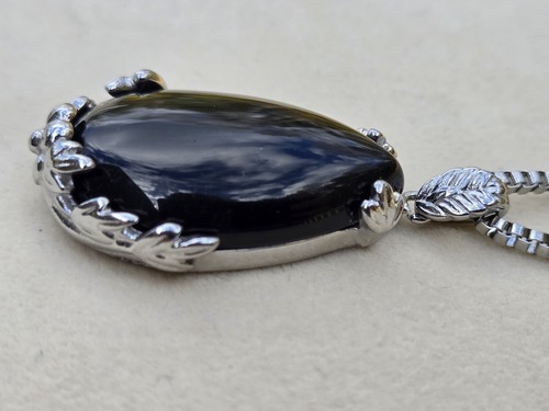 Large Black Obsidian Teardrop Pendant in 316 Stainless Steel, 55.0 ctw 20 Inches - Picture 5 of 8
