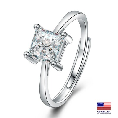 Fashion Women 925 Sterling Silver Ring Square Cubic Zirconia Prong 1833