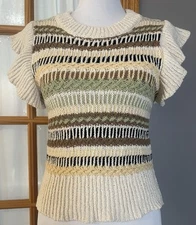 Y2K Elan Pullover Knit Top Women’s S Multi Stripes Flutter Sleeves Beige Classic
