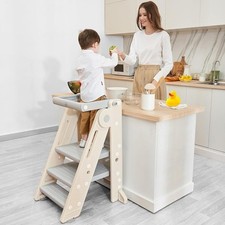 Foldable Montessori Toddler Tower Kitchen Stool Adjustable Non-Skid Step Grey