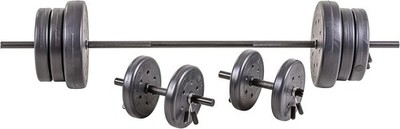 US Weight 105 lb Duracast Barbell Weight Set with two dumbbells and 6ft bar f...