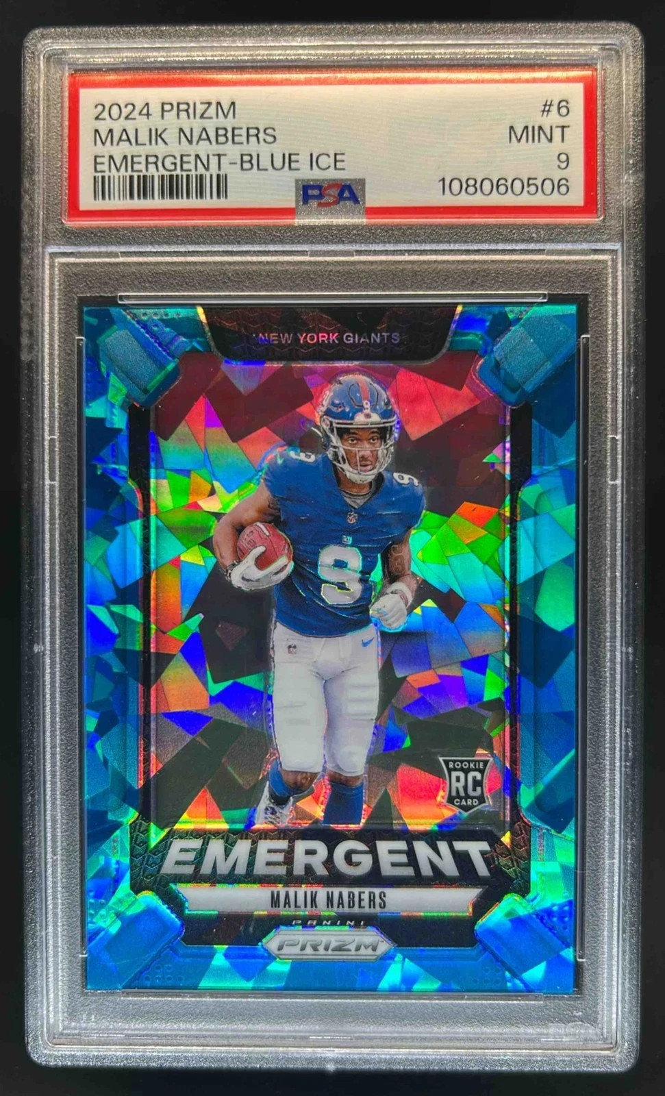 2024 Prizm Malik Nabers #6 Emergent RC Blue Ice Rookie RC #/99 Giants PSA 9