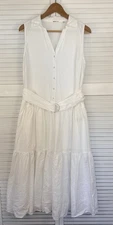 ELIE TAHARI Sleeveless Tiered Midi Dress M Ivory Belted 100% Linen *FLAW*