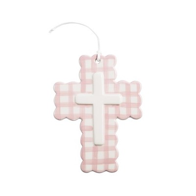 Mud Pie Pink Ceramic Gingham Decorative Cross 6.5'' x 5