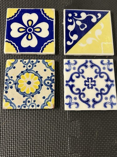 Lot of 4 Mexican Ceramic Tiles from Mexico. Yellow, Blue, White.